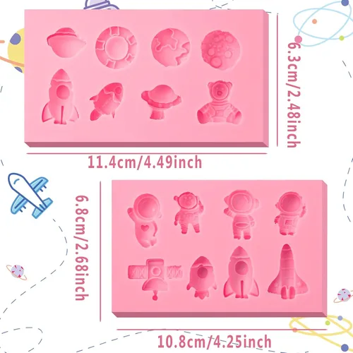 Miniatura 3 de Molde de silicona para decoración de pastel de astronauta, 2 unidades, molde de fondant de chocolate de nave espacial, para adornos de cupcakes