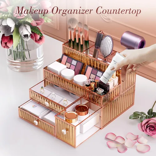 Miniatura 4 de Youdepot Organizador de maquillaje de vidrio templado dorado para cosméticos, cuidado de la piel, herramientas para el cabello, brochas, perfume