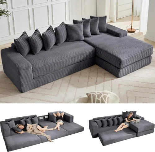 Miniatura 27 de Sofá modular moderno de 111 pulgadas, sofá de pana en forma de L con diván izquierdo, salón extra ancho, 8 almohadas, juego de sofá esquinero