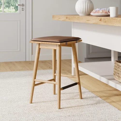 Nathan James Barker Taburete clásico de altura de mostrador de madera con cojín de cuero removible, sin respaldo, taburete de bar de isla de 24"