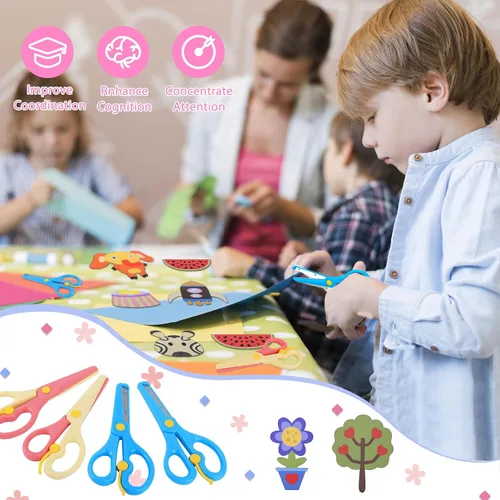 Miniatura 7 de UCEC Tijeras para niños pequeños, juego de seguridad de 104 piezas para niños de 2 a 4 años, 4 tijeras de seguridad de plástico para niños pequeños