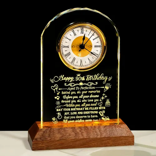 Miniatura 17 de Arikyrist Reloj de cristal de feliz cumpleaños 80 para hombres y mujeres, reloj de cuarzo con base de luz LED de madera, regalos de cumpleaños de 80