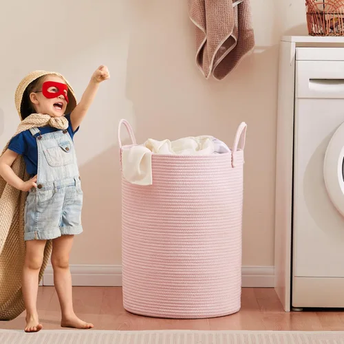 Miniatura 7 de 15Dx20H pulgadas Cesta de lavandería grande rosa para niños, cesta de lavandería de cuerda tejida para guardería, para habitación de niñas, Rosa1