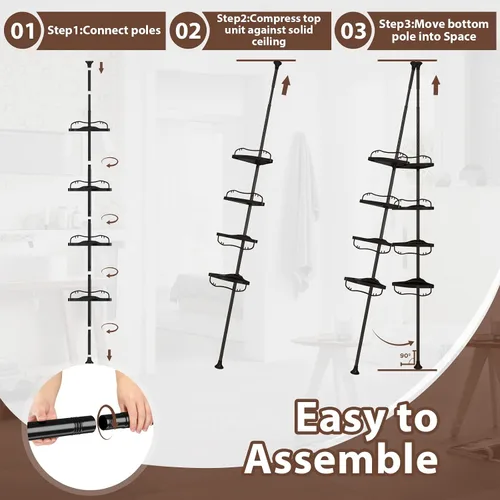 Miniatura 6 de Organizador de Ducha de Esquina con Barra de Tensión - Poste Organizador de Ducha de Servicio Pesado de Piso a Techo con 4 Estantes, 54"-114