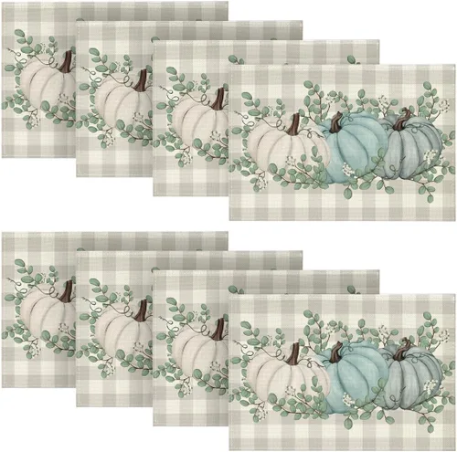 Miniatura 14 de Artoid Mode - Set de 2 manteles individuales de cuadros de búfalo con calabazas y hojas de eucalipto, manteles otoñales de 12x18 pulgadas para Azul
