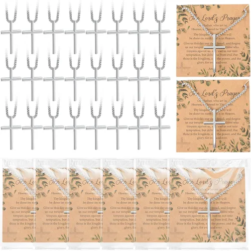 Ecation Juego de 24 collares de cruz de Pascua a granel, colgante de acero inoxidable plateado con cadena y tarjeta de oración del Señor, regalos