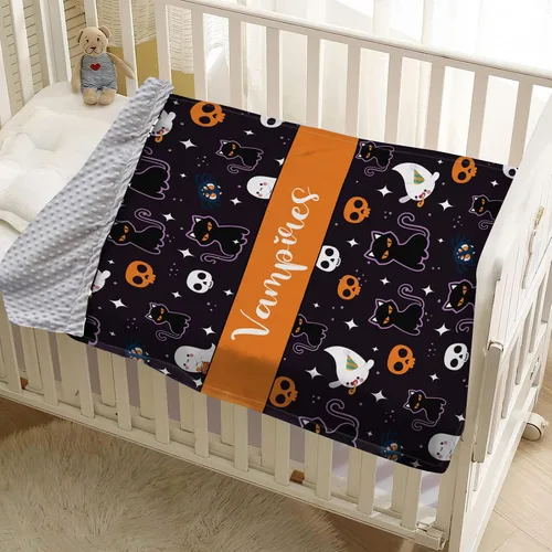 Miniatura 7 de Manta de bebé personalizada de Halloween, manta con nombre personalizado para niños pequeños, franela suave con respaldo de puntos de doble capa