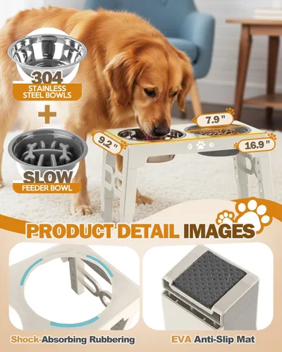 Miniatura 4 de Jovrun Cuencos elevados para perros, comedero para perros con platos de acero inoxidable y cuenco de alimentación lenta, soporte elevado ajustable