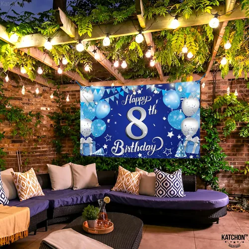 Miniatura 5 de KatchOn, Cartel extragrande de feliz cumpleaños número 8 plateado y azul, 72 x 44 pulgadas, telón de fondo de octavo para decoraciones de feliz