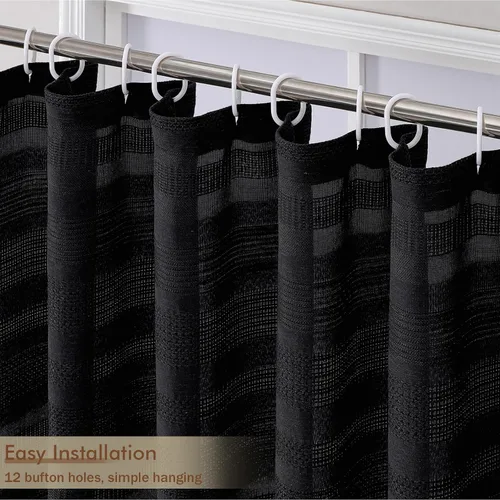 Miniatura 4 de OVZME Cortina de ducha bohemia negra, cortina de ducha estrecha de tela suave a rayas de lino texturizado con borla, moderna decoración de baño