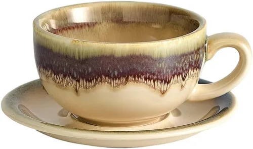 Miniatura 22 de Coffeezone Diseño Vintage 12 oz Taza de Barista de Café con Leche con Platillo para Arte de Café con Leche en Cerámica (Beige)
