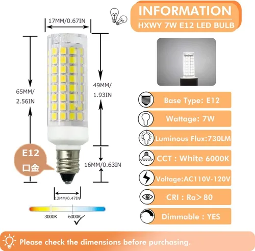 Miniatura 2 de Bombilla LED E12 de 7 W equivalente a 75 W halógena, regulable de 120 V 730 LM, base de candelabro T3/T4, bombillas para ventilador de techo, Blanco