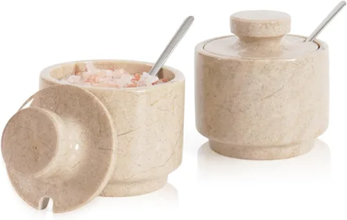 MARBLOUS KRAFTS Salero de mármol 3" de piedra Verona, ideal para regalos de Navidad, juego de 2 contenedores de almacenamiento de café para encimera