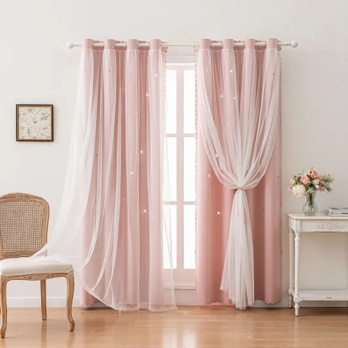 Miniatura 10 de Cortinas opacas con recortes de estrellas para dormitorio de niñas y niños, cortina de doble capa con aislamiento térmico y superposición