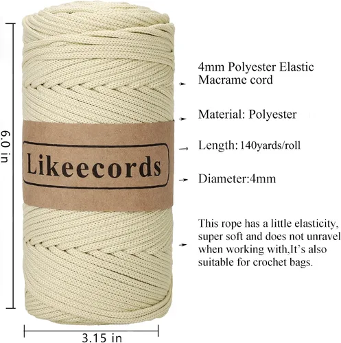 Miniatura 2 de Likeecords Cordón de macramé trenzado de poliéster de 0.157 in, 140 yardas, 426 pies, hilo elástico para bolsa de ganchillo para manualidades