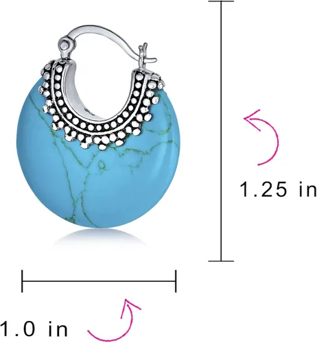 Miniatura 4 de Aretes de aro redondos de media luna con forma de ónix, turquesa y lapislázuli, estilo tribal occidental, para mujer, cuentas de caviar, milgrain