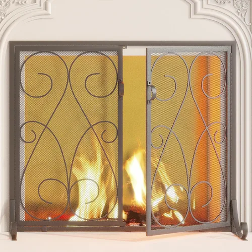 Miniatura 5 de Kingson Pantalla de chimenea de 2 paneles con puertas, hecha a mano, malla decorativa de hierro forjado, protector de chispas de fuego