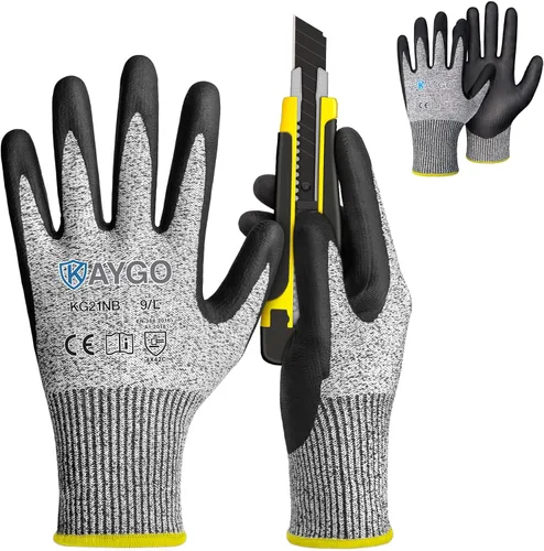 KAYGO 2 pares de guantes de trabajo resistentes a cortes para hombres y mujeres, guantes de corte ANSI A3, guantes de trabajo de seguridad de Gris