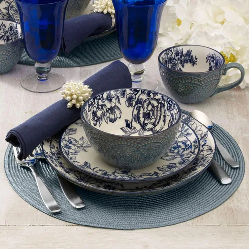 Miniatura 5 de Pfaltzgraff Gabriela Blue - Juego de vajilla de 16 piezas, servicio para 4, platos, tazones y tazas de gres duradero con elegante patrón azul, apto