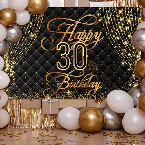 Cartel de feliz cumpleaños 30 años, decoración de cortina real, fondo negro y dorado, cumpleaños de 30 años para mujeres y hombres, suministros de