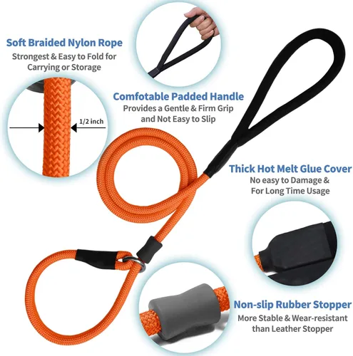 Miniatura 5 de Correa de Entrenamiento para Perros de Cuerda Deslizante Fuerte (4 pies) – Correa de Nylon Trenzado Resistente y Duradera con Tope de Goma y Mango