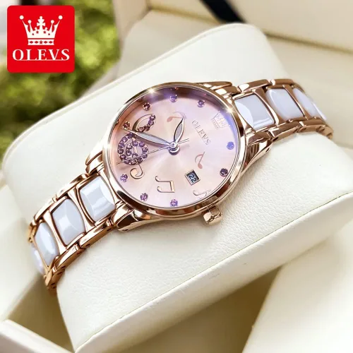 Miniatura 2 de OLEVS Relojes para mujer oro rosa de dos tonos de moda de cerámica blanco esfera rosa roja acero inoxidable fecha impermeable