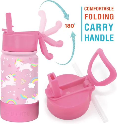 Miniatura 6 de CHILLOUT LIFE Botella de agua aislada para niños de 12 onzas para la escuela con tapa con pajilla, a prueba de fugas y bonitas calcomanías Unicornio