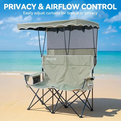 Miniatura 5 de Huskfirm Silla de Camping Doble con Toldo de Sombra Silla para 2 Personas Plegable con Toldo Silla de Playa Portátil Silla de Camping Resistente