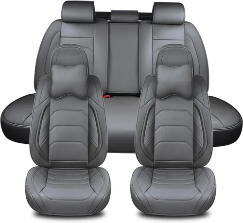Miniatura 15 de TIEHESYT - Fundas de asiento de auto color negro, fundas de cuero transpirable para asientos delanteros y reposacabezas, ajuste interior universal