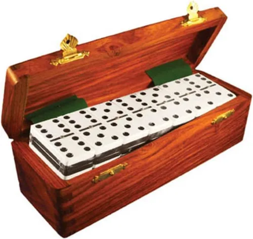 Marion Domino Double Six Two Tone Torneo Jumbo en blanco y negro tamaño profesional con hilanderos en caja de madera Sheesham de cola de milano. Dos