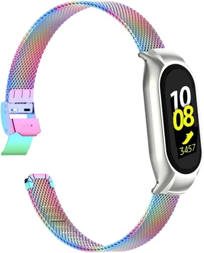 Miniatura 10 de Correa de reloj de metal compatible con Samsung Galaxy Fit2 SM-R220 de acero inoxidable con marco de bisel protector con diseño de malla