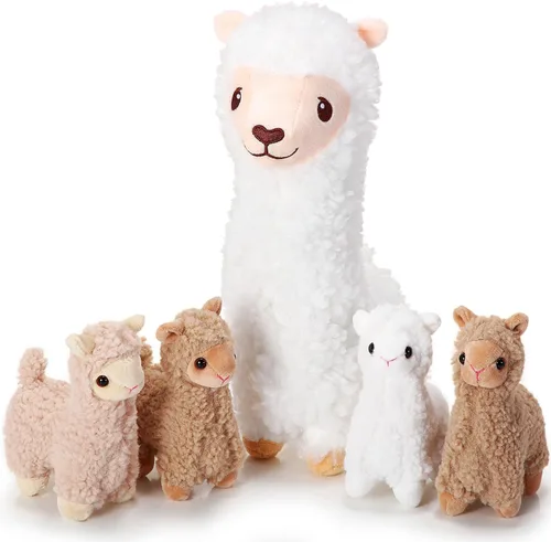 Jenaai Muñeco de peluche de llama con 4 llamas de bebé, lindo juego de peluche de alpaca, muñecas de almohada Kawaii suaves para niños y niñas,