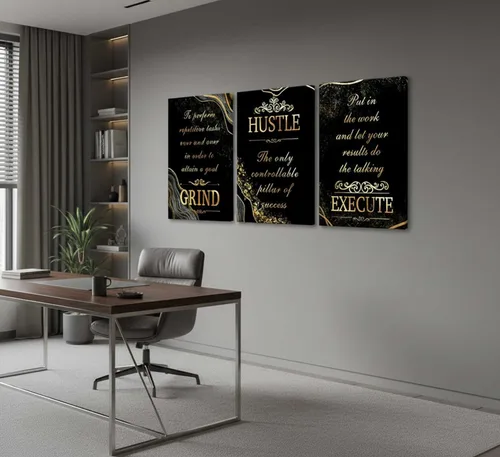 Miniatura 4 de 3 piezas de lienzo inspirador de oro negro para oficina, arte de pared, motivacional, moler ajetreo, ejecución, fotos inspiradoras, decoración