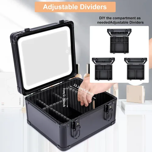 Miniatura 4 de Estuche de maquillaje con espejo LED, estuche rígido de viaje con espejo iluminado recargable y divisores ajustables, bolsa de almacenamiento