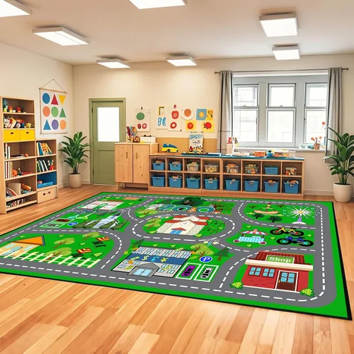 Miniatura 8 de Alfombra de carretera para habitación de niños, alfombra de juego azul para pista de carreras, alfombra de coche para dormitorio, sala