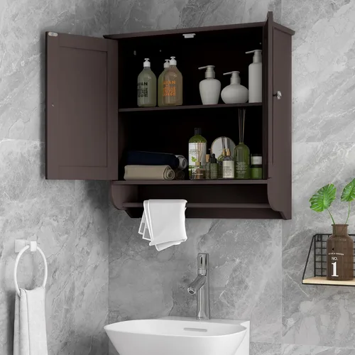 Miniatura 2 de Tangkula Armario de baño montado en la pared, botiquín de baño con barra y puerta doble, estante ajustable, almacenamiento sobre el inodoro, Marrón