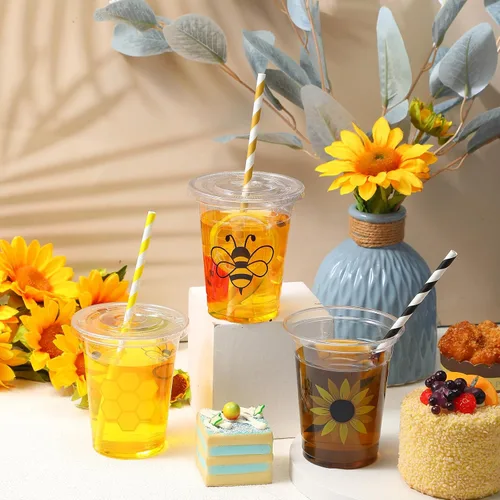 Miniatura 6 de Sliner 120 vasos de decoración de fiesta de abeja de miel, vasos de plástico desechables transparentes de 12 onzas, vasos de plástico para el primer