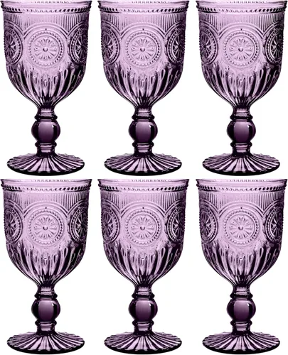 Juego de 6 copas de vino moradas, copas de vidrio para vino, agua o cócteles, cristalería vintage y apta para lavavajillas, cristalería colorida.