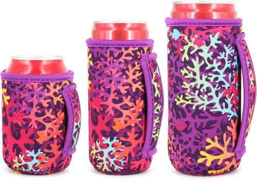 Miniatura 30 de Paquete de 3 fundas de neopreno reutilizables aisladas para latas con asa para refrescos, bebidas energéticas, gaseosas, cerveza, seltzer duro