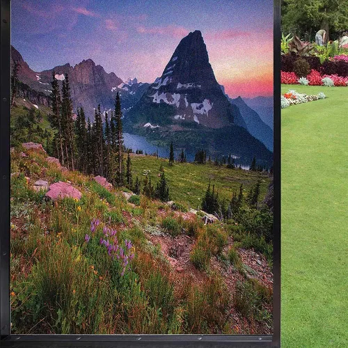 Película escénica de verano para ventana, película de privacidad para ventana, prado floral silvestre en montañas alpinas, puesta de sol,