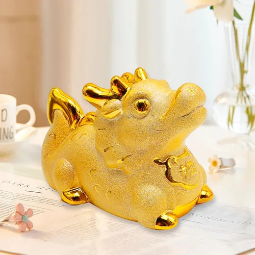 Miniatura 5 de Banco de dinero de dragón dorado, bonita caja de dinero, soporte para dinero familiar, almacenamiento de dinero de dragón, estatua de cerámica