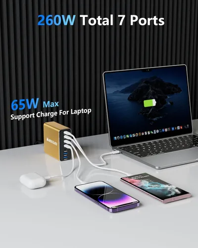 Miniatura 2 de Cargador USB C de aleación de aluminio 260 W GaN estación de carga rápida USB C 7 puertos 65 W cargador portátil para MacBook Pro/Air/iPad