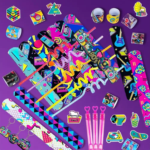 Miniatura 6 de CHSLtmxq 122 PCS Decoraciones de Fiesta de los Años 80, Set de Suministros de Favores de Fiesta Temática de los Años 90, Pulseras Slap y Llaveros