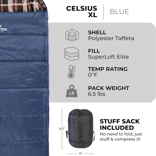 Miniatura 3 de TETON Celsius XL, -25, 20, 0 Degree - Saco de dormir duradero y cálido para adultos y niños. Camping hecho fácil y cálido. Saco de compresión Azul