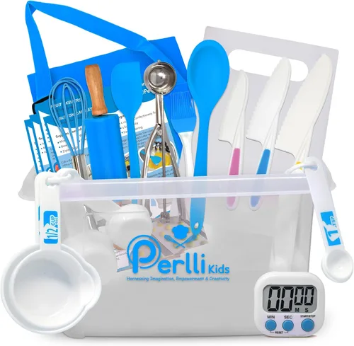 PERLLI Juego de cocina real para niños para cocinar y hornear, 31 piezas. Regalo para chef junior con utensilios reales, estuche y juego de