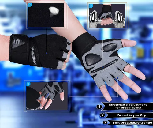 Miniatura 2 de SAWANS Guantes de entrenamiento de fitness, guantes de levantamiento de pesas para hombres y mujeres, transpirables, soporte de muñeca para Correas