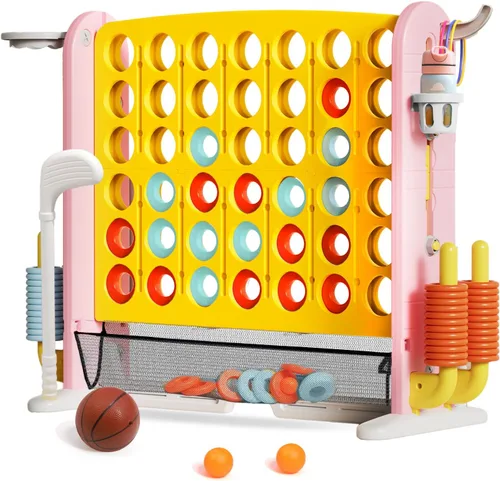Miniatura 9 de Juego Gigante de Conectar 4 en Fila con Tela de Malla Altura Ajustable Set de Juego de Patio Jumbo 4-en-1 de 4-para-Anotar con Baloncesto, Golf