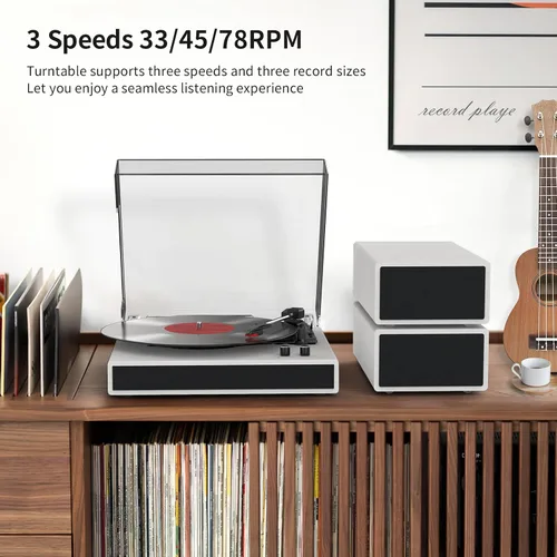 Miniatura 7 de Tocadiscos de vinilo con 2 altavoces estéreo externos, giradiscos con transmisión por correa y soporte Bluetooth, 3 velocidades, salida RCA