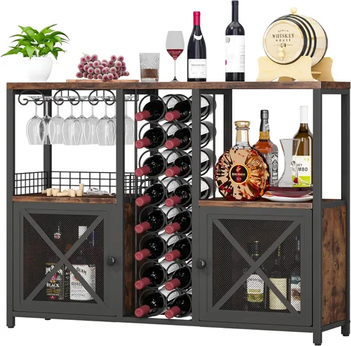 Homeiju Mini Bares para el Hogar, Gabinete de Bar de Café de Madera, Gabinete Moderno de Licores para Licores y Copas, Gabinete de Vino Buffet