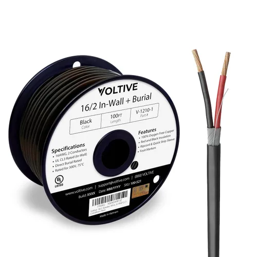 Miniatura 53 de Voltive Cable de altavoz 10/2, CL3 en pared y entierro directo, negro, 100 pies - 10 AWG, 2 conductores, cobre trenzado sin oxígeno, listado UL